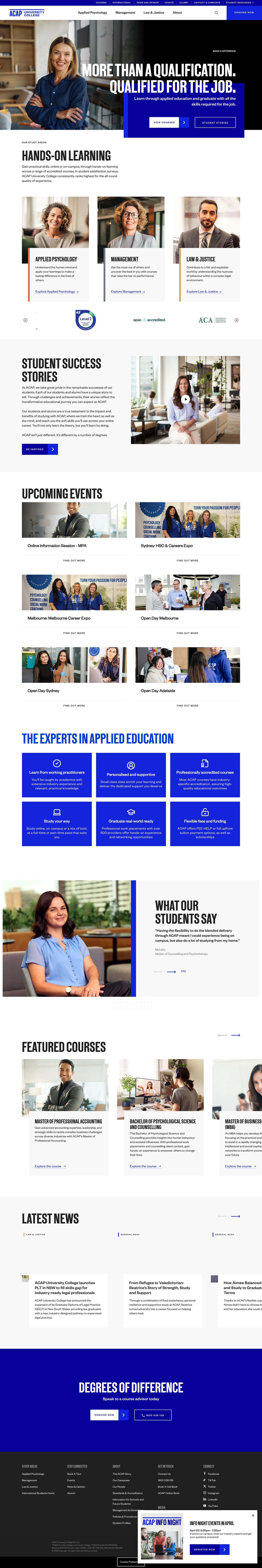 ACAP education website screenshot with course discovery interface