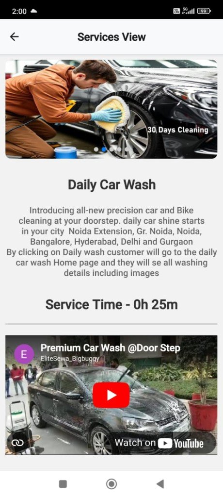 EliteSewa mobile service view screenshot for daily car wash booking