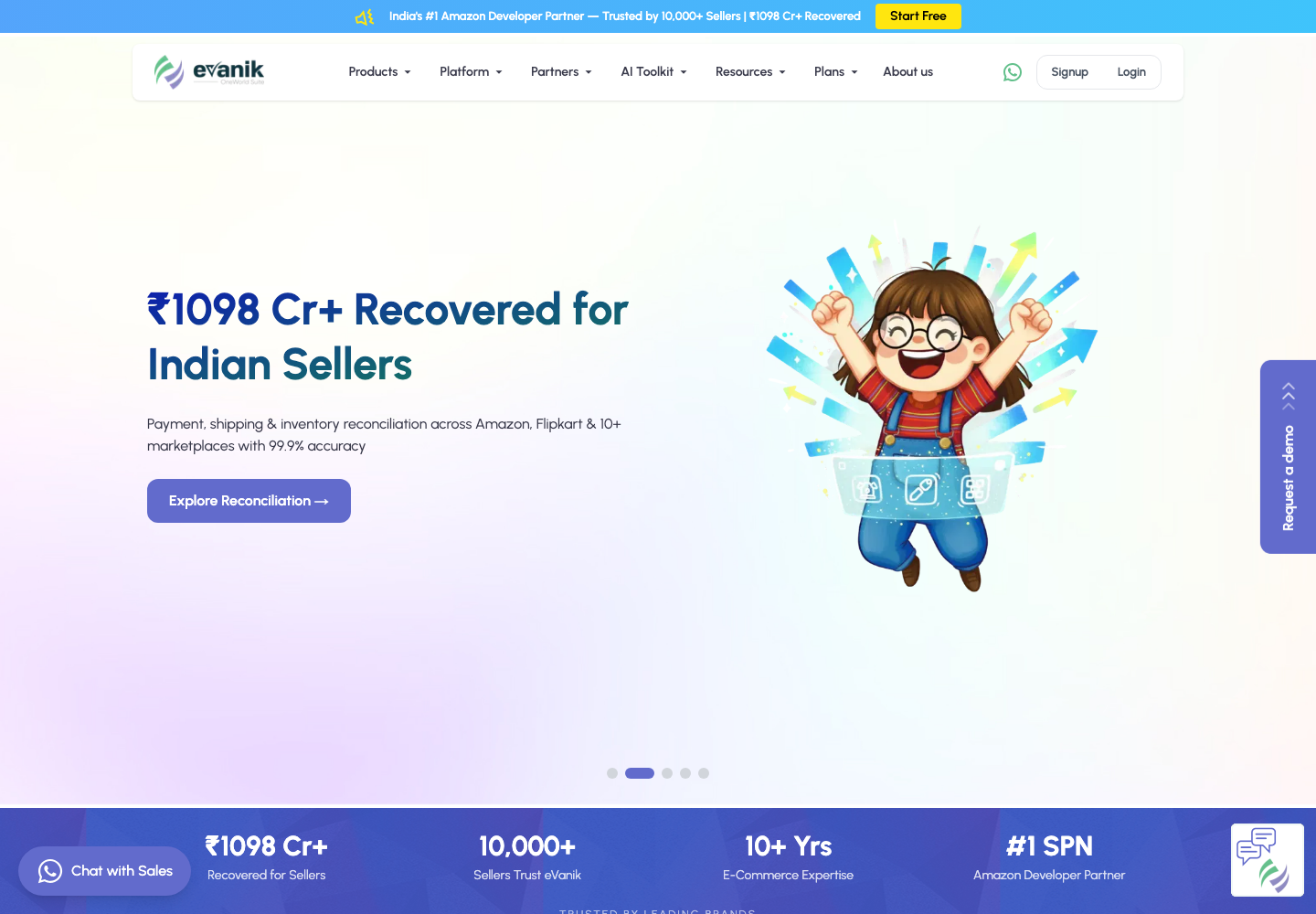 Evanik AI ecommerce management platform homepage screenshot