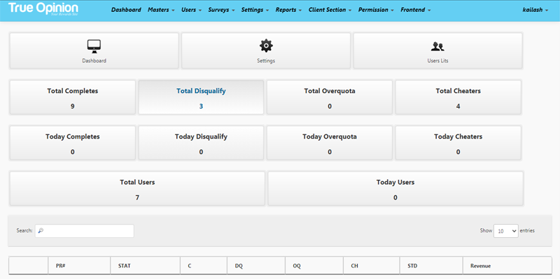TrueOpinion survey platform dashboard screenshot
